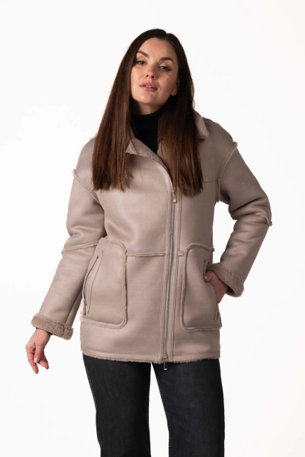 Женская экомеховая дублёнка пудрового цвета-4