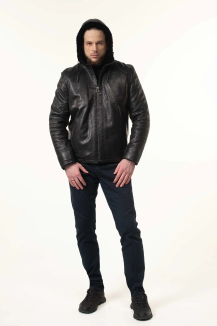 Шкіряна дублянка з капюшоном зимова-3