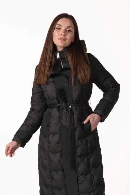 Пуховик з натуральним пухом, капюшоном та поясом-1