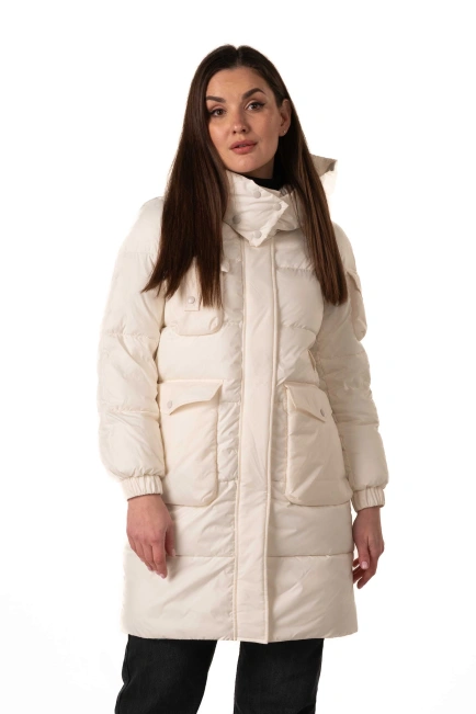 Молочный биопуховик с капюшоном и декором-1