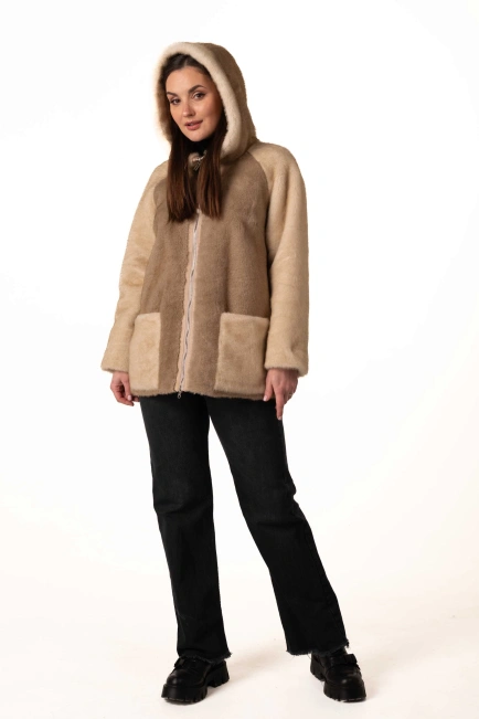 Шуба из экомеха в бежевых оттенках-6