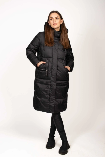 Біопуховик чорний з декором на кишені-5