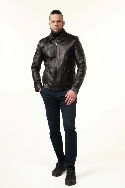 Шкіряна куртка чоловіча коричнева з комірцем-8