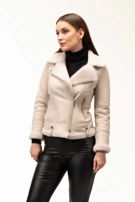 Жіноча біла дублянка з комірцем з овчини-4