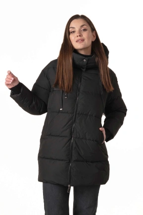 Жіночий чорний біопуховик зі знімним капюшоном