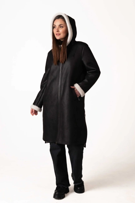 Женская чёрная экодублёнка с белым эко-мехом-9