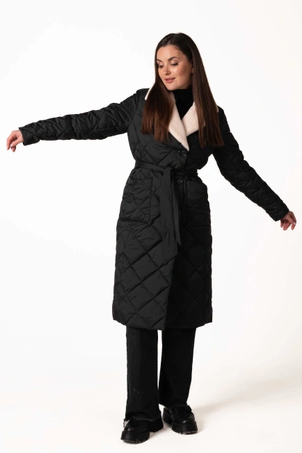 Черный биопуховик с английским воротником и поясом-8