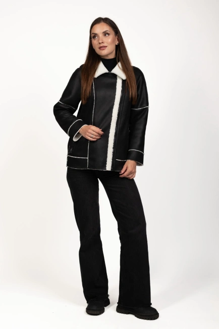 Жіноча штучна дублянка чорно-біла-5