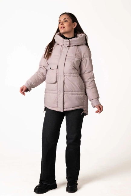 Пудровый биопуховик с капюшоном и кулисками-8