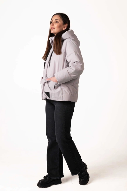 Женский светло-серый биопуховик с капюшоном-5