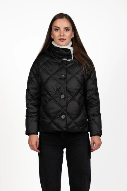 Жіночий біопуховик чорний стьобаний ромбами-3