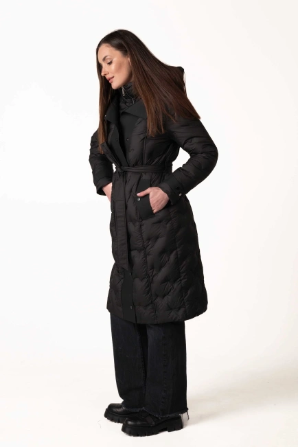 Пуховик з натуральним пухом, капюшоном та поясом-5