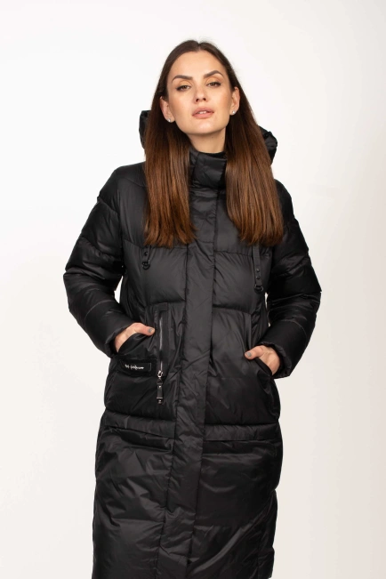 Біопуховик чорний з декором на кишені-3