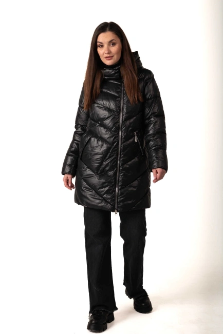 Женский черный биопуховик с накладным карманом-6