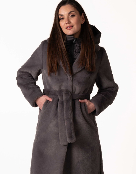 Шуба з екохутра темно-сірого кольору коміром