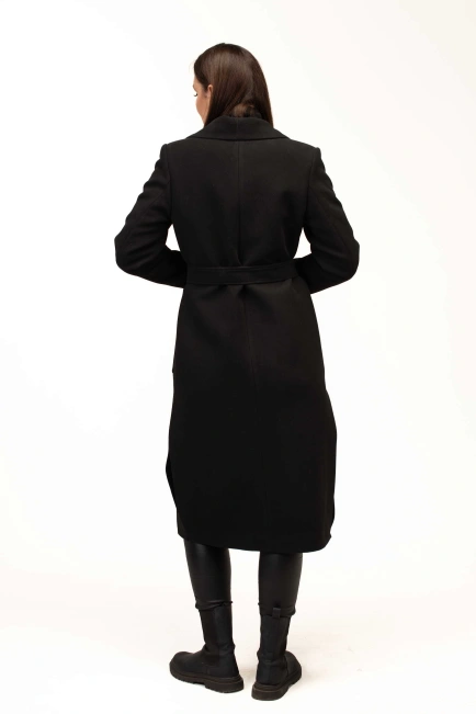 Жіноче пальто чорне під пояс довге-2