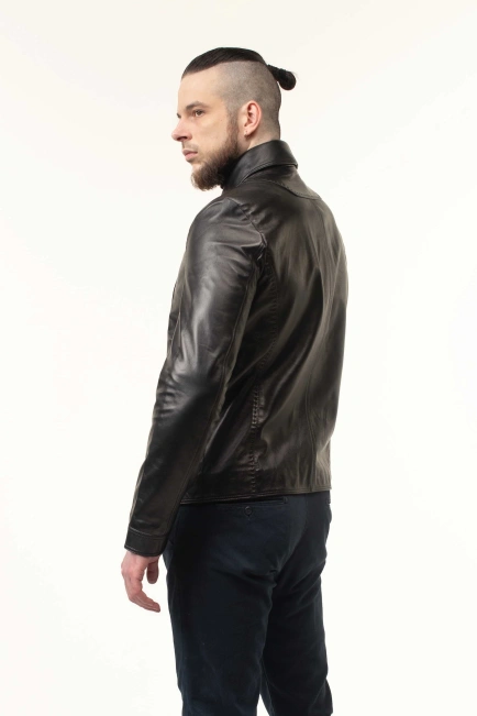 Шкіряна куртка чоловіча коричнева з комірцем-6