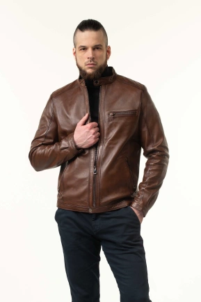 Мужская коричневая кожаная куртка с воротником