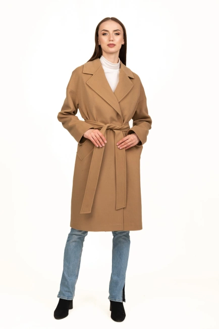 Пальто жіноче на запах у кольорі кемел-2