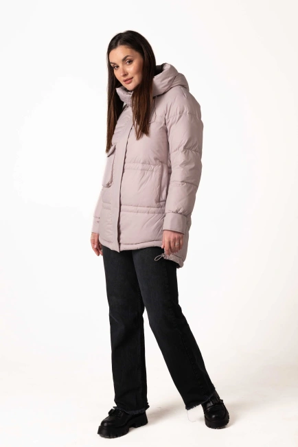 Пудровый биопуховик с капюшоном и кулисками-10